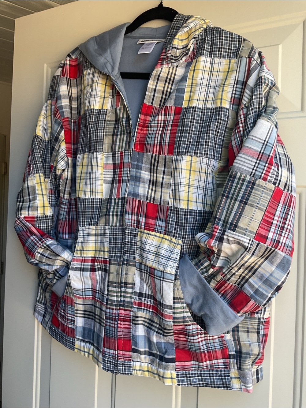 Serengeti Patchwork Plaid Hooded Jacket in Red, Blue, Yellow, Gray